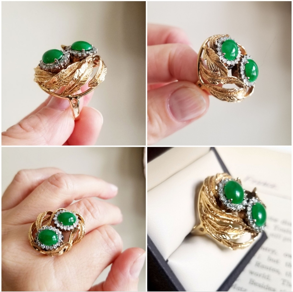 SOLD Estate Imperial Jade & Diamond 14k Cocktail Ring - Picture 10 of 11